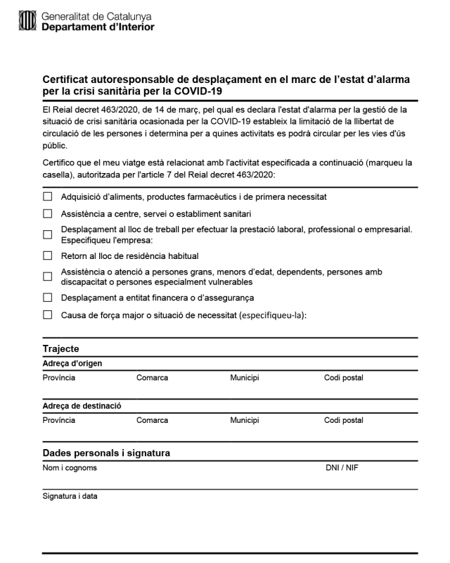 Certificat d'autoresponsabilitat coronavirus