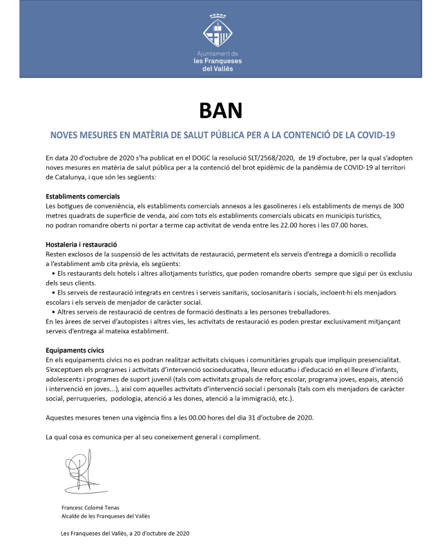 Ban noves mesures SLT/2568/2020